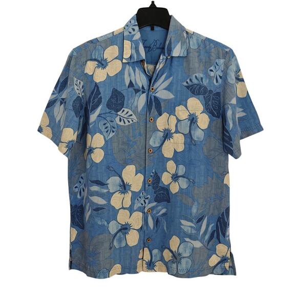 Tommy Bahama Silk Hawaiian Shirt Size Medium Blue Tropical Floral Beach Aloha - Picture 1 of 10